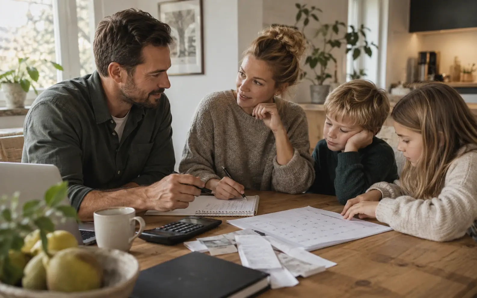 Familie som diskuterer månedlige prioriteringer med notater på bordet