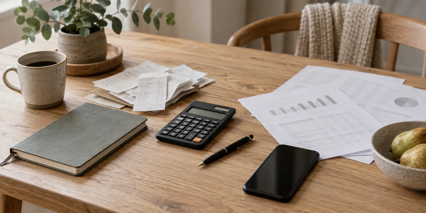 Arbeidsark, kalkulator og notater til familiebudsjett